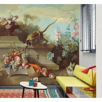 Fotobehang Still life with monkeys, fruits and flowers