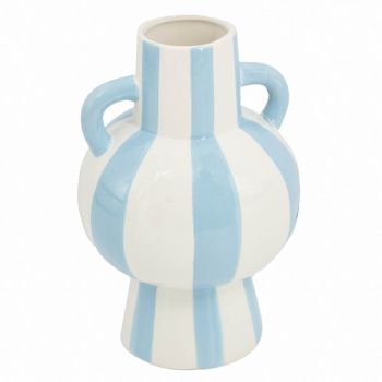 Aardewerk vaas met oren stripe light blue