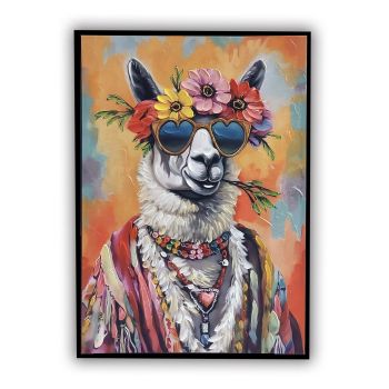 Schilderij 70s lama bloemenkrans