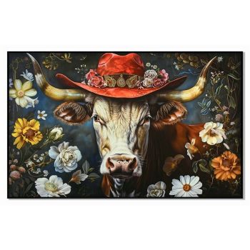 Schilderij koe met hoed en bloemen 