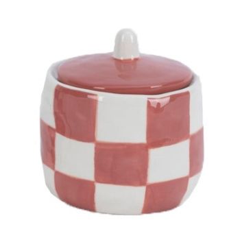 Aardewerk potje met deksel check peach