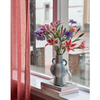 Aardewerk vaas met oren stripe light blue