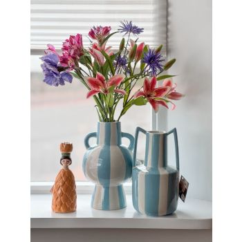 Aardewerk vaas met oren stripe light blue