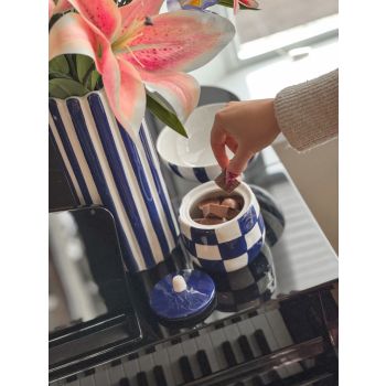 Aardewerk potje met deksel check dark blue