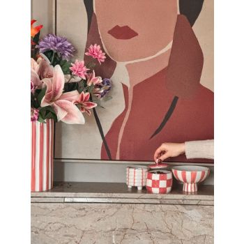 Aardewerk potje met deksel check peach