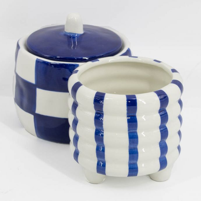 Aardewerk bloempotje stripe dark blue