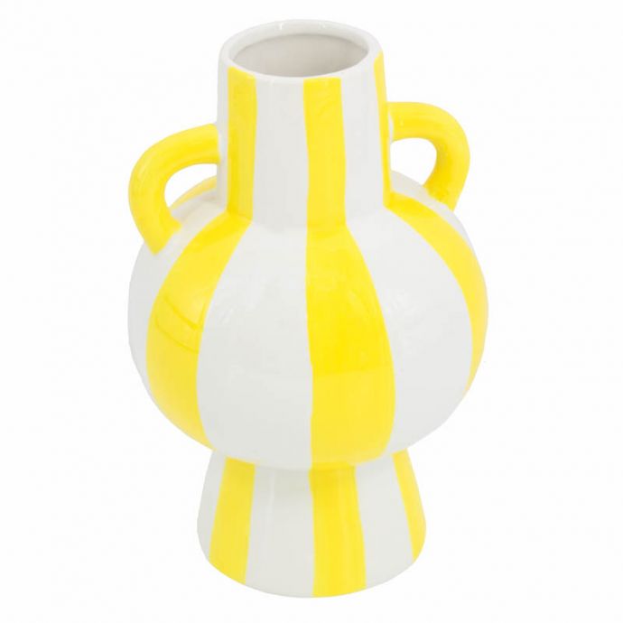 Aardewerk vaas met oren stripe yellow