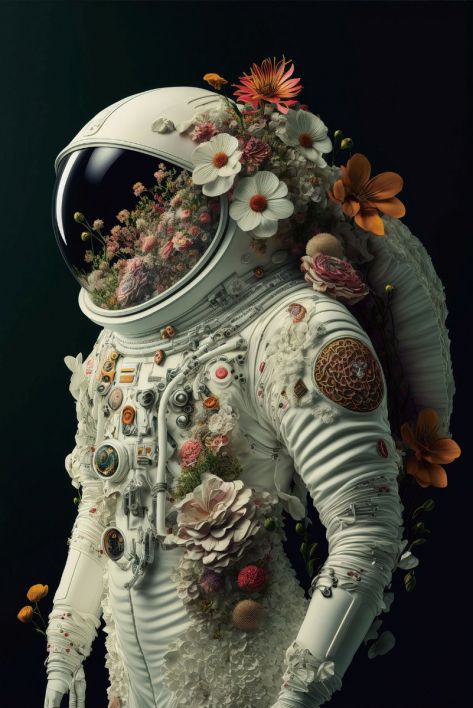 Schilderij 3D tempered 'Astronaut bloemen'