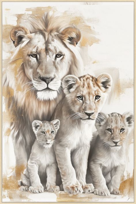 Schilderij 'Leeuw met 3 welpjes'
