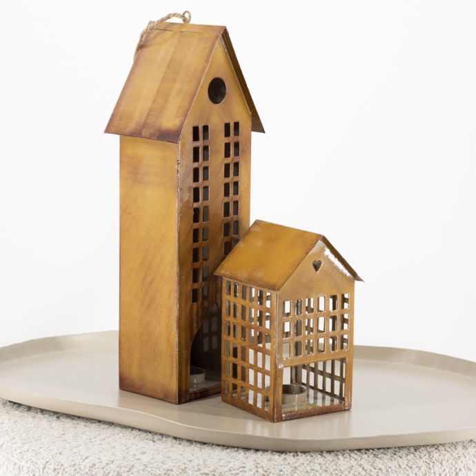 Metalen huisje waxinehouder mustard