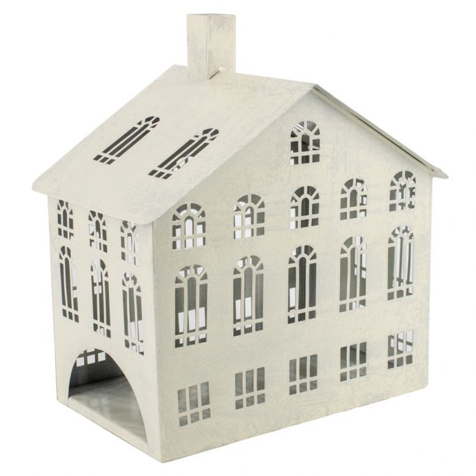 Metalen windlicht huis white crackle