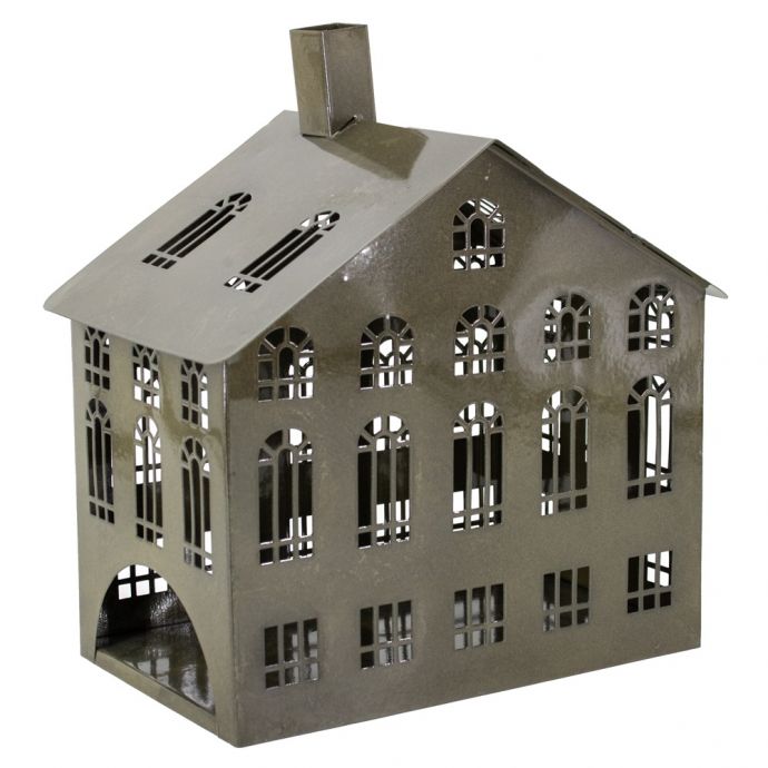 Metalen windlicht huis olive