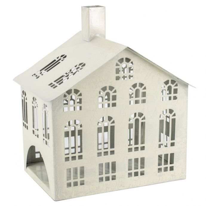 Metalen windlicht huis white crackle