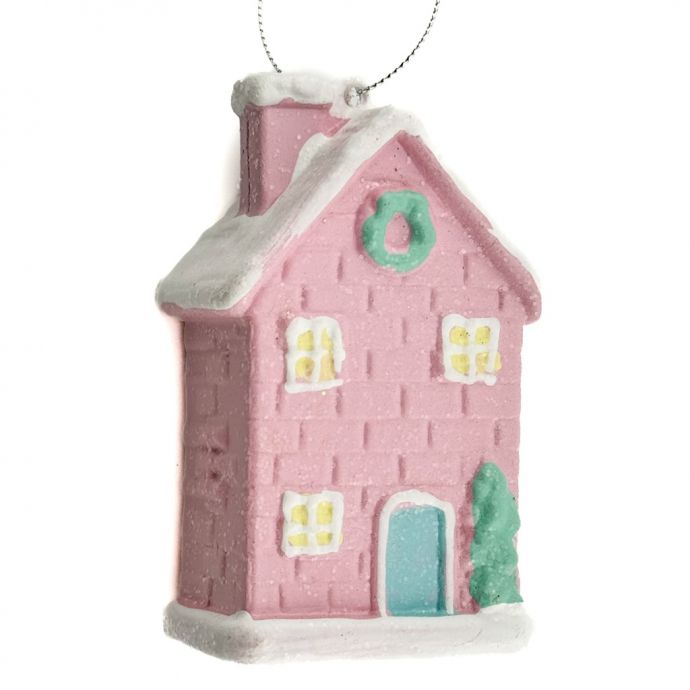 Kerstbal hanger huisje pastel