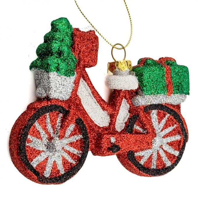 Kersthanger fiets met cadeautjes glitter