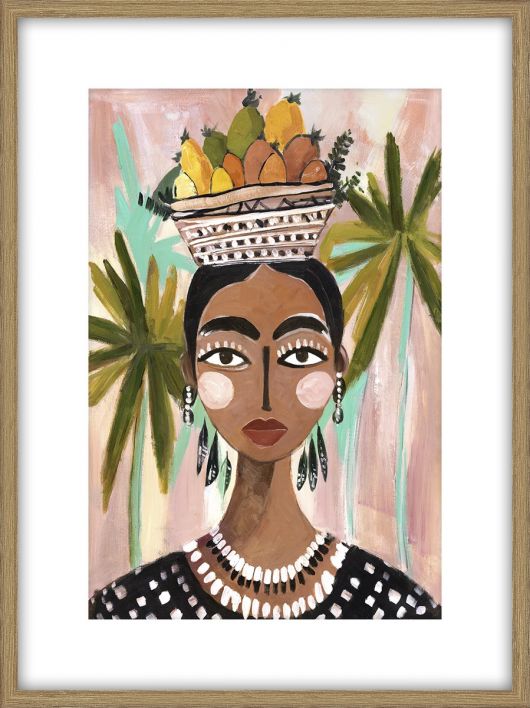 Schilderij met frame vrouw met fruitschaal