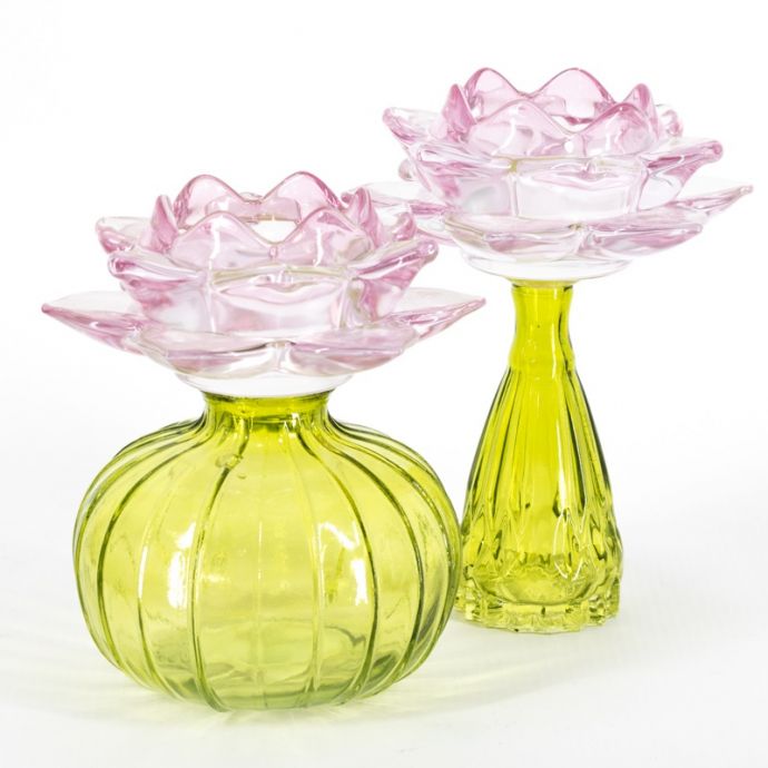 Waxinehouder bloem roze met groen