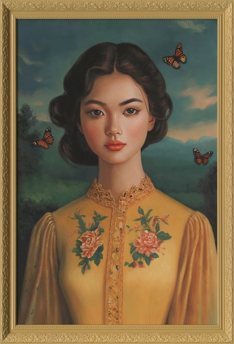 Schilderij met lijst portret geel