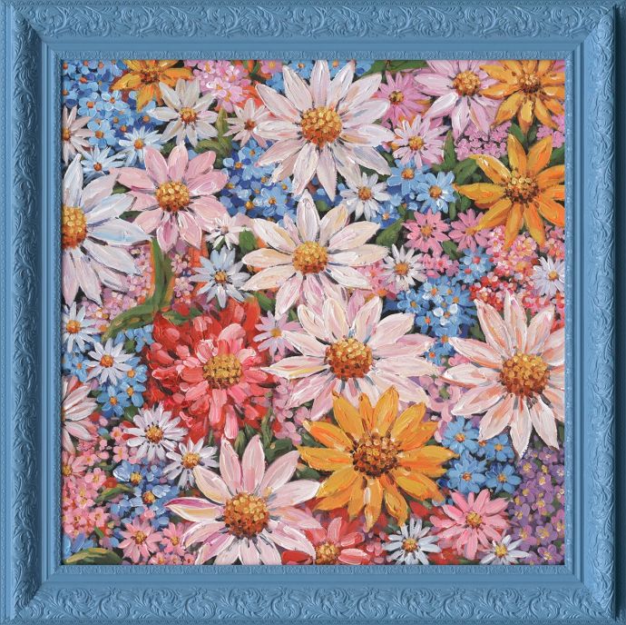 Schilderij met lijst floral blue 70x70cm