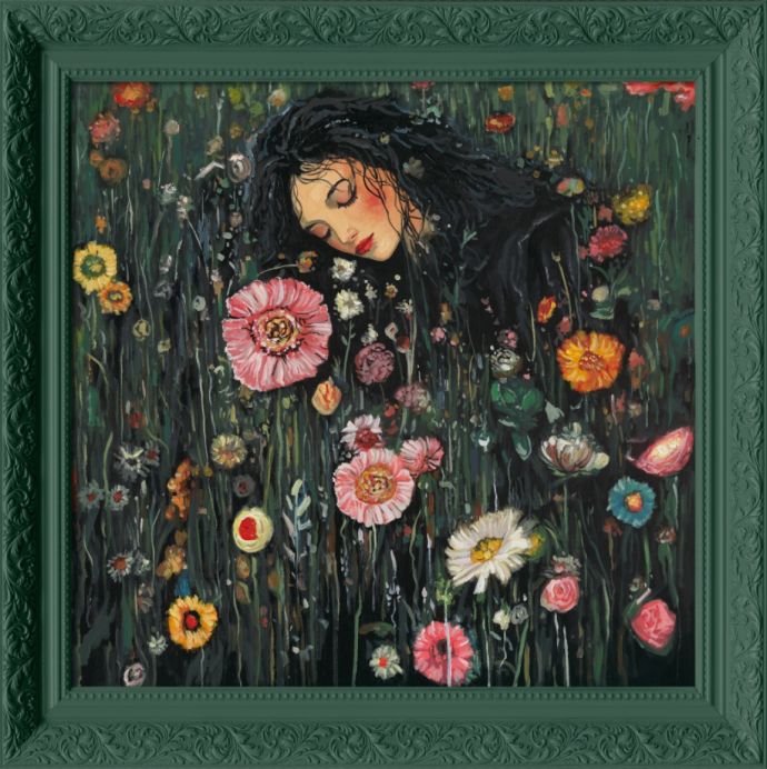 Schilderij met lijst tussen de bloemen