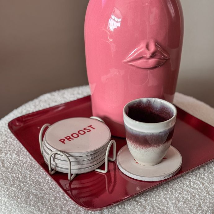 Set van 6 onderzetters met rekje 'Proost'