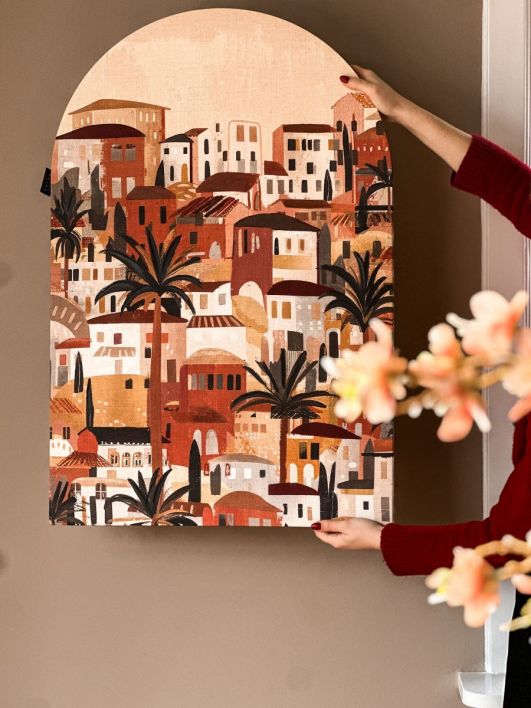 Schilderij ovaal Mediteraanse huizen 
