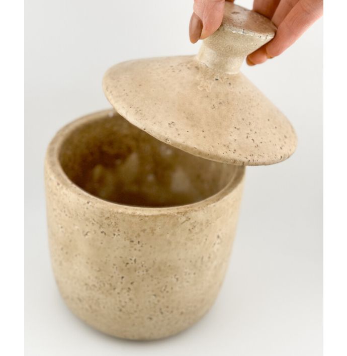 Aardewerk potje met deksel beige L wb
