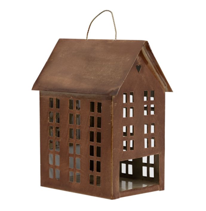 Metalen huisje waxinehouder amber