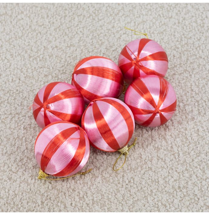 Kerstbal Set van 6 gestreept - Roze/rood