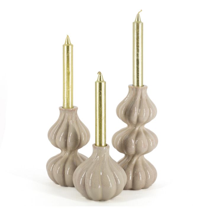 Aardewerk kaarsenstandaard duo beige