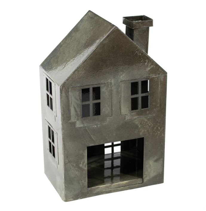 Metalen windlicht huis olive