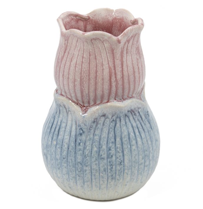 Aardewerk vaas tulp blauw/roze