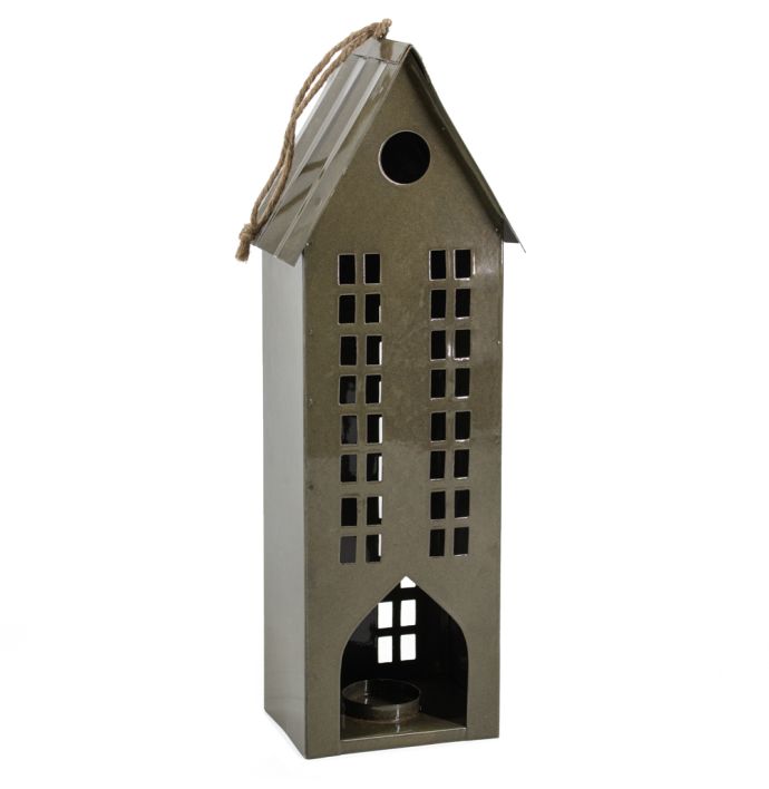 Metalen huisje waxinehouder olive
