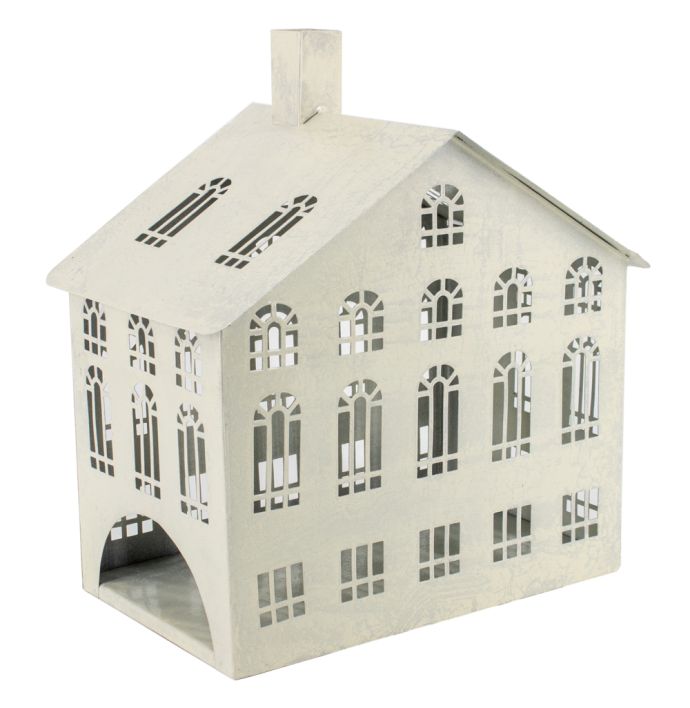 Metalen windlicht huis white crackle