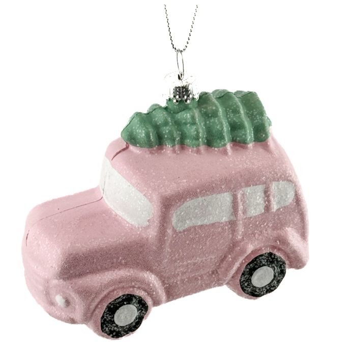 Kerstbal Hanger Auto met boom - Roze