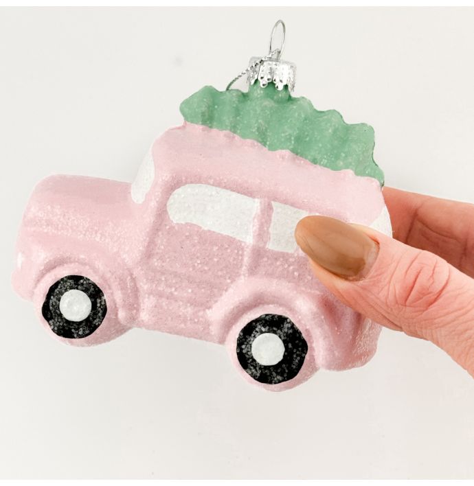 Kerstbal Hanger Auto met boom - Roze