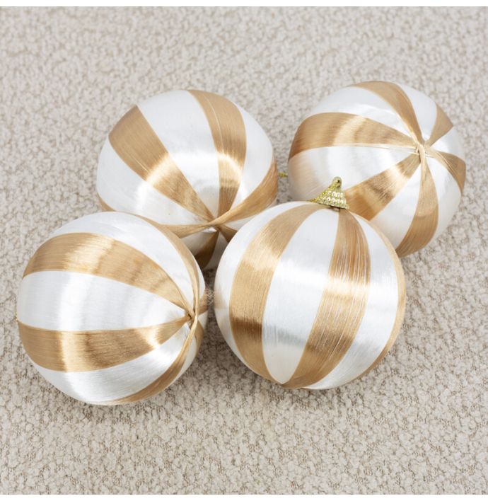 Kerstbal Set van 4 gestreept - Beige/wit