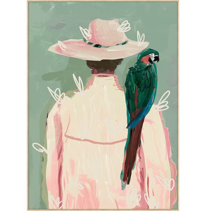 Schilderij vrouw papagaai