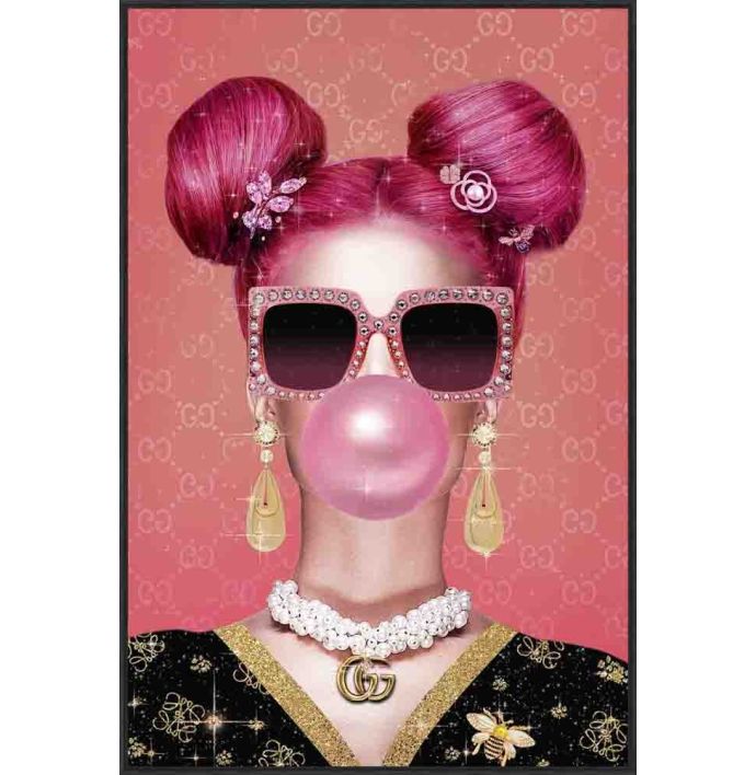Schilderij tempered glass crystals pink bubble