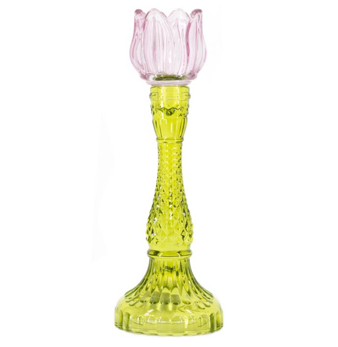 Waxinehouder tulp roze met groen