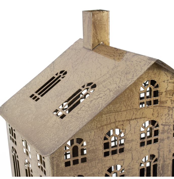 Metalen windlicht huis peach