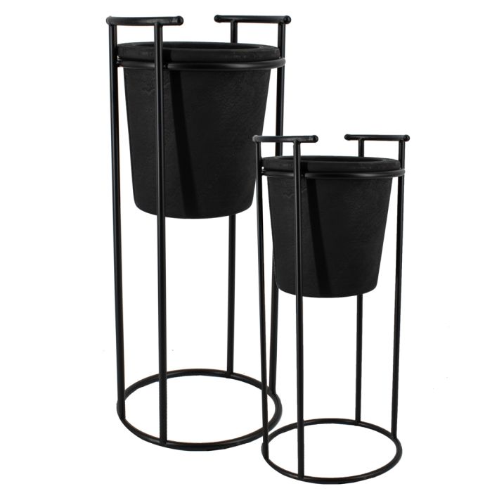 Houten plantenvaas met zwart frame set van 2