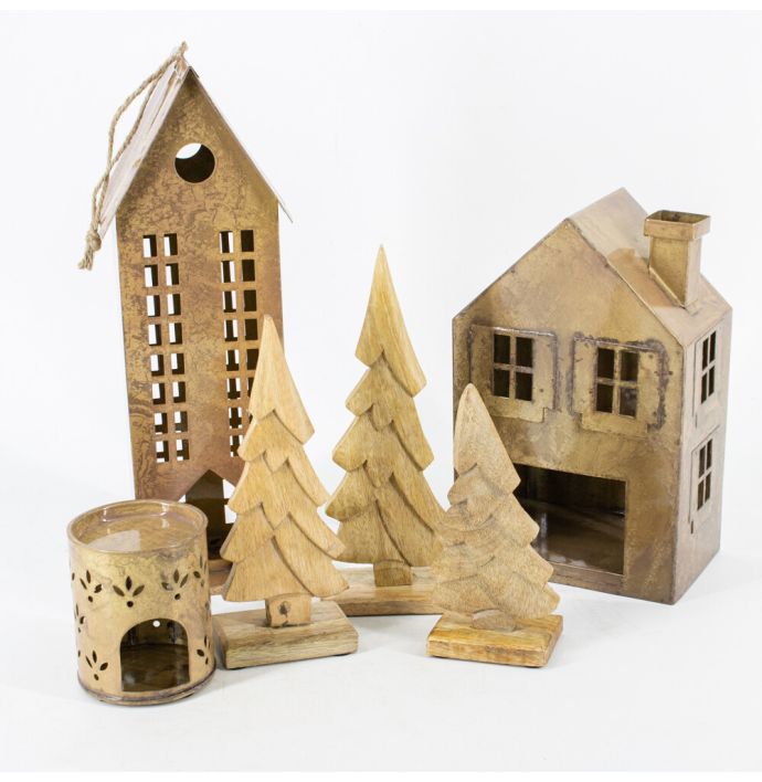 Metalen windlicht huis peach