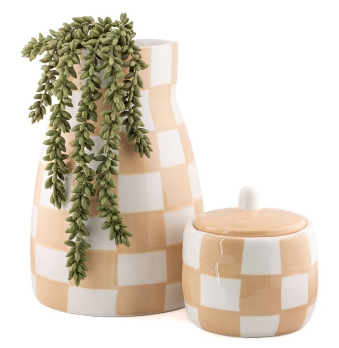 Aardewerk potje met deksel check drab