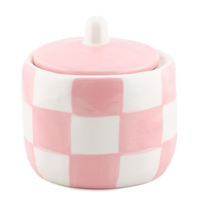 Aardewerk potje met deksel check roze
