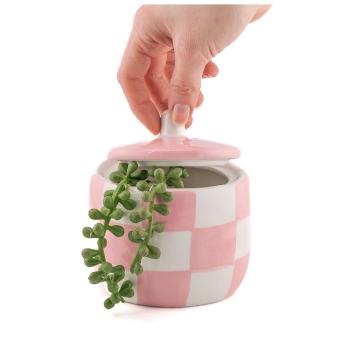 Aardewerk potje met deksel check roze
