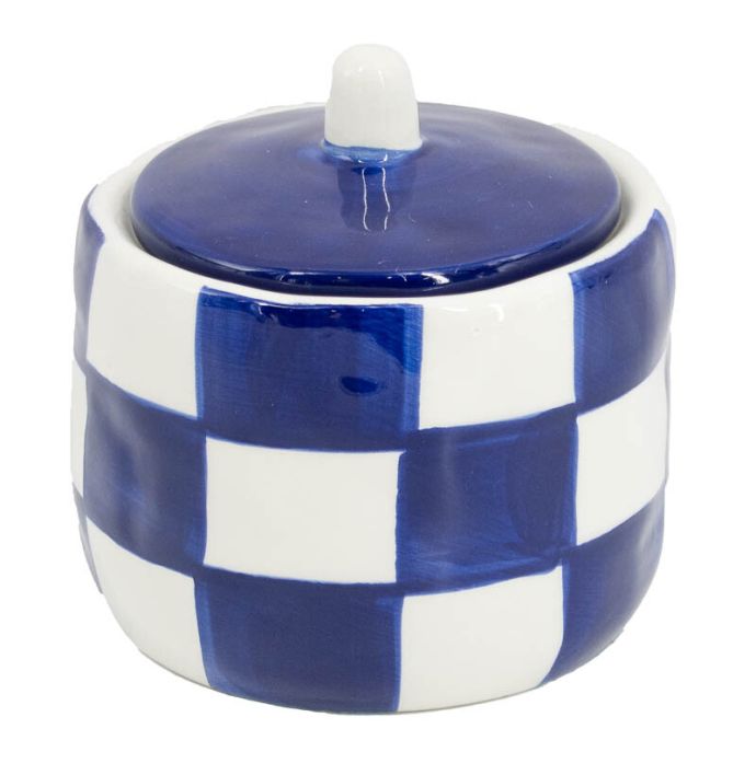 Aardewerk potje met deksel check dark blue