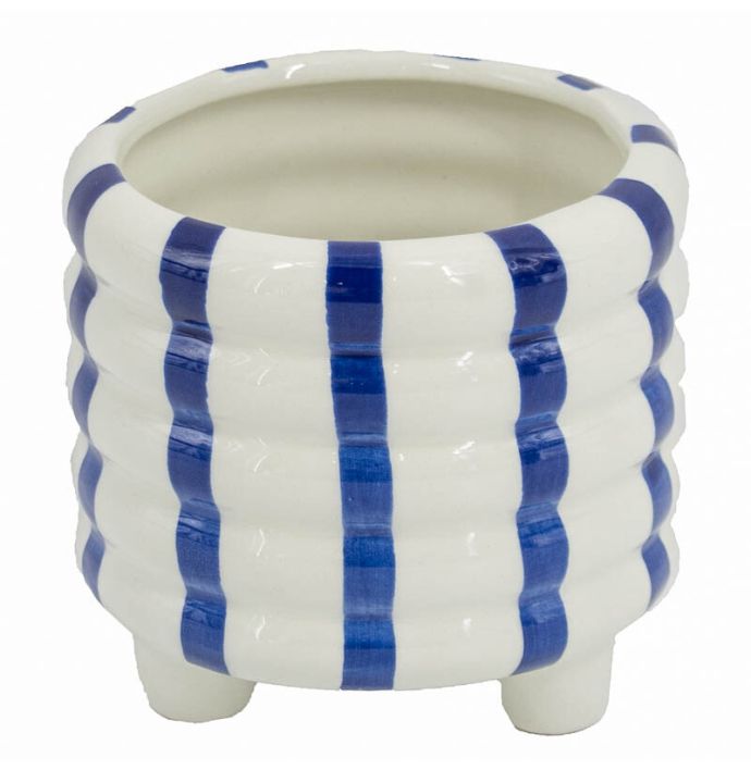 Aardewerk bloempotje stripe dark blue