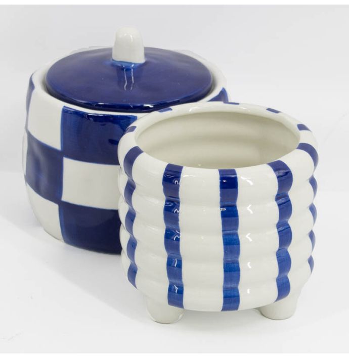 Aardewerk bloempotje stripe dark blue