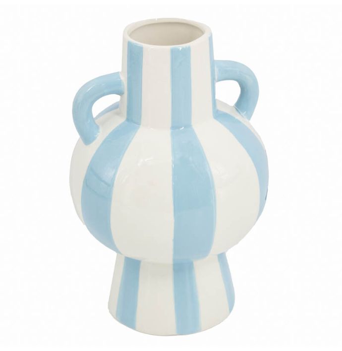 Aardewerk vaas met oren stripe light blue
